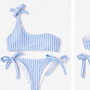 blue and white striped bikini
